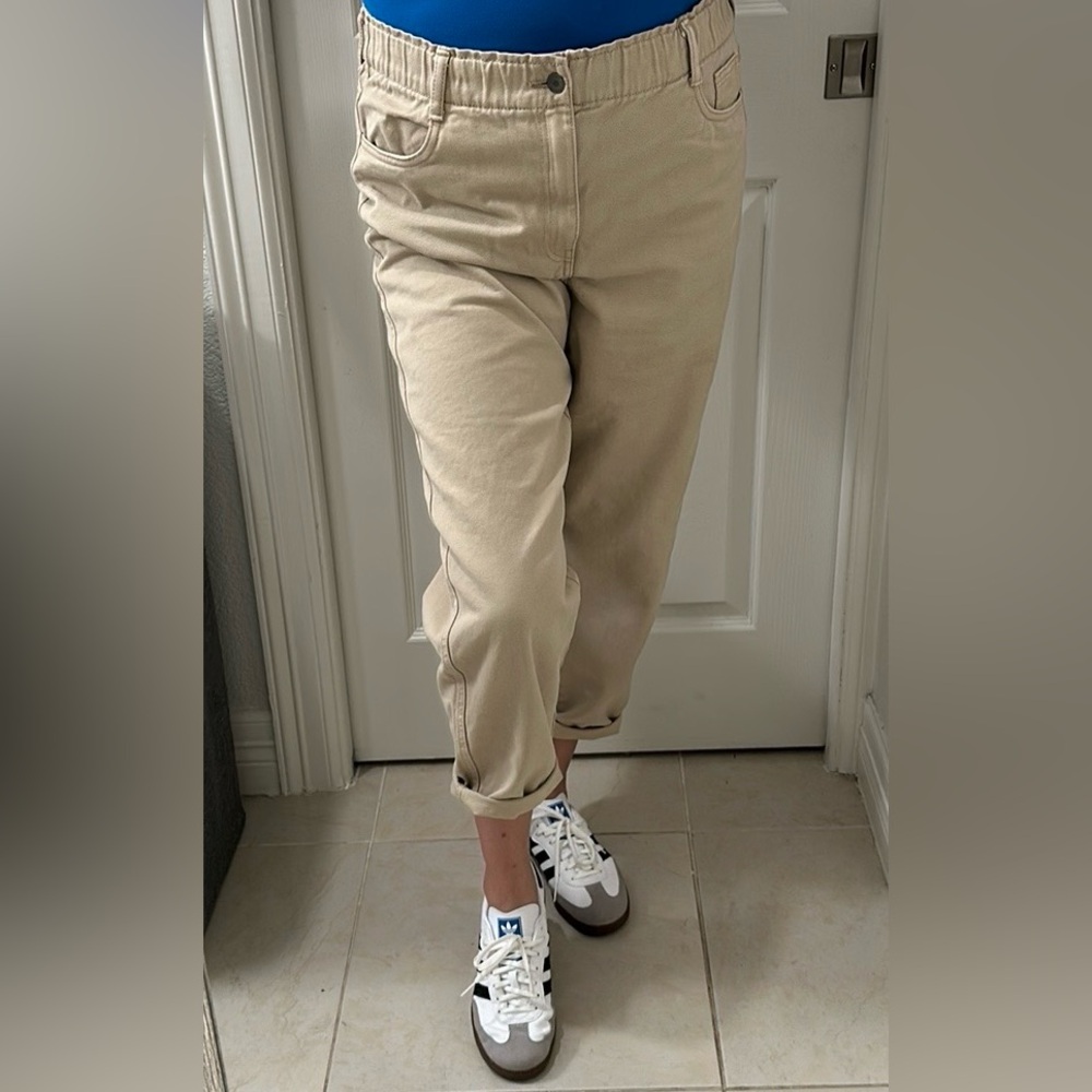 H&M Paperbag Waist Mom Jeans Barrel leg size 14 Khaki Denim